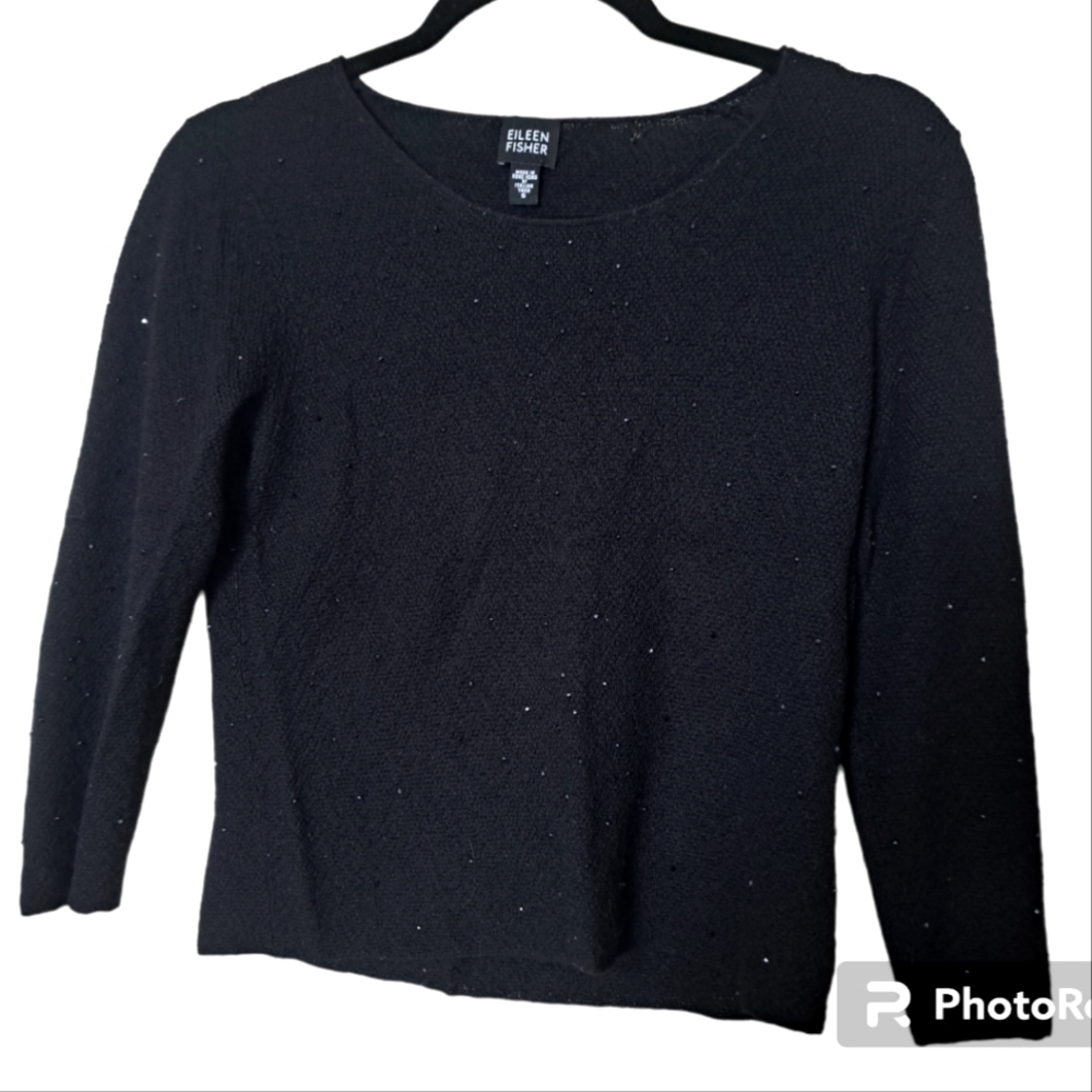 Eileen Fisher Black Beaded Cropped 3/4 Length Sleeve Top